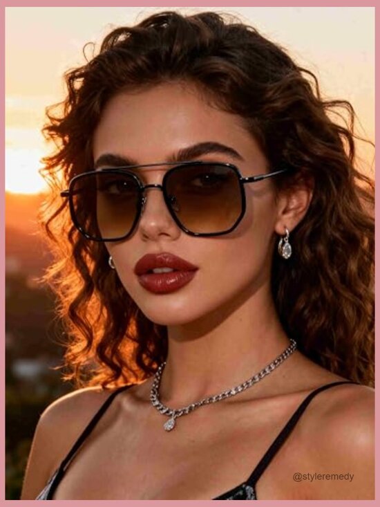 Metal Frame Retro Square Aviator Sunglasses, Oversized Double Bridge main image 7